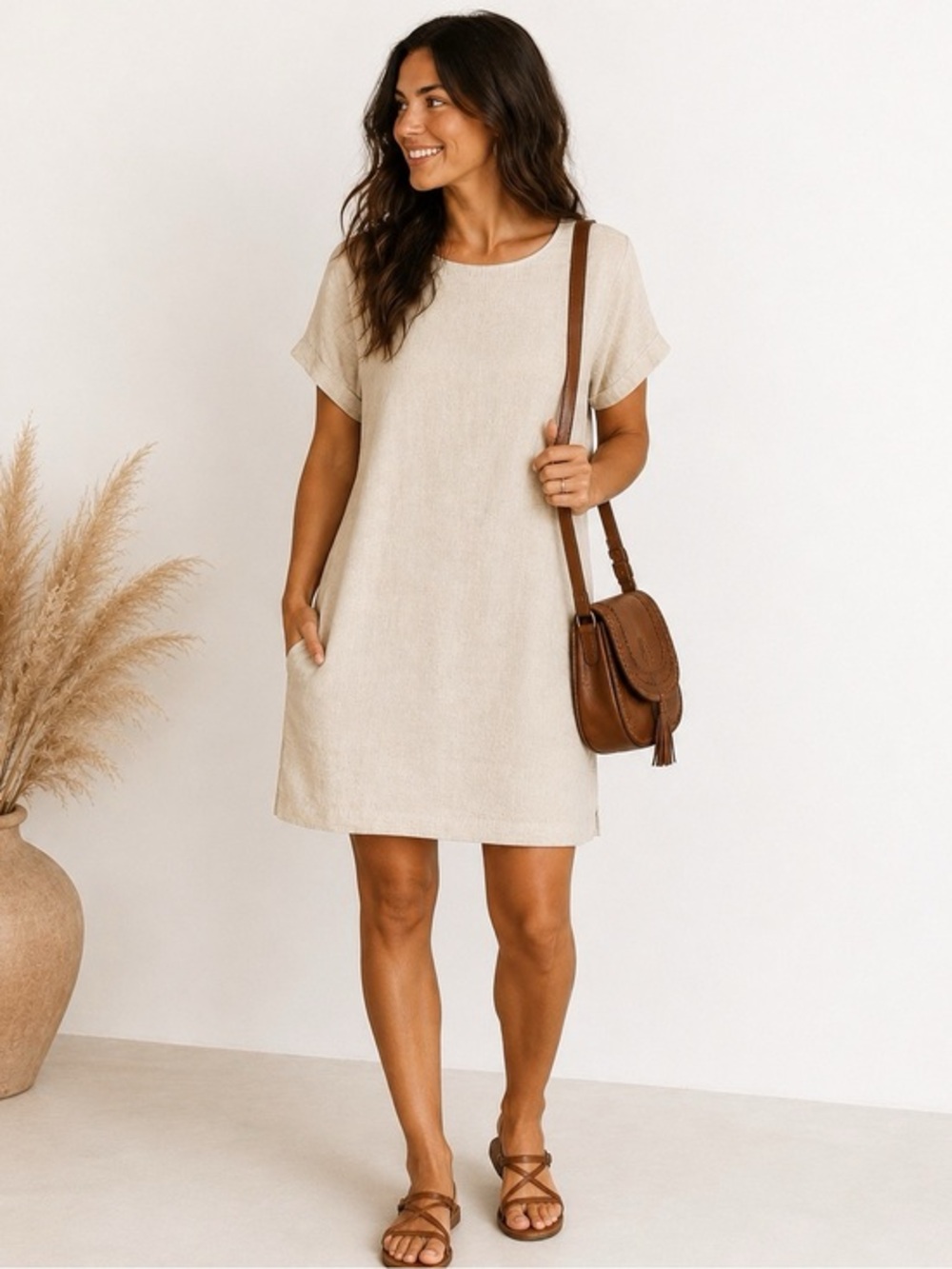 Lisa & Lucy Linen Blend Coastal Chic Lagenlook Boho Earthy Dress, Size Medium
